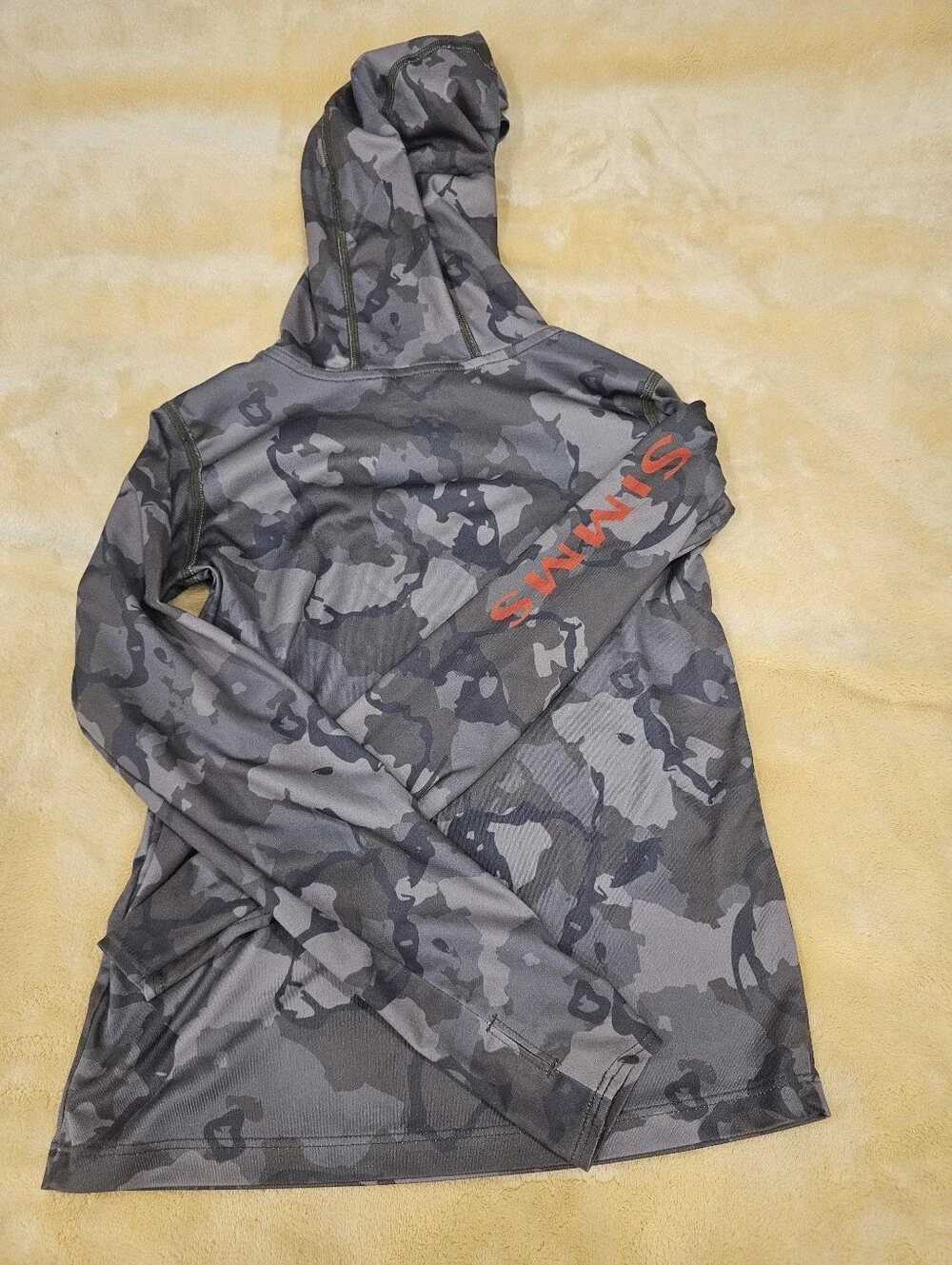 Simms Gray Camo Hooded Sun Shirt with Orange Logo